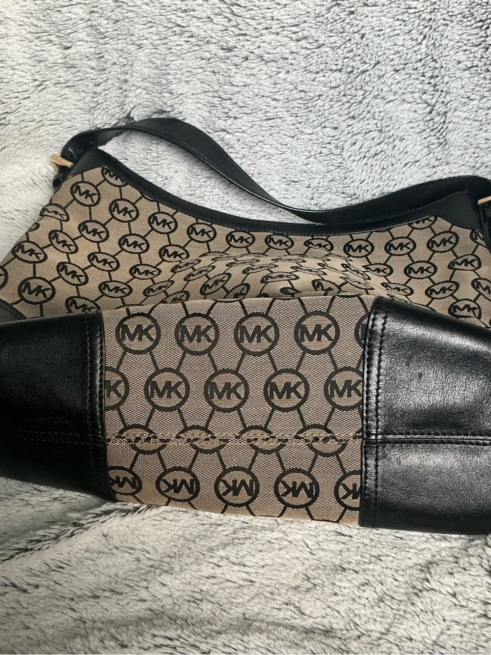 Michael Kors Brown Logo Canvas Shoulder Bag with Black Leather Trim~